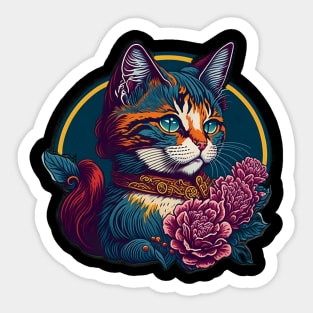 Paws and Petals: Charming Cartoon Cat in a Collar and Floral Finery Sticker